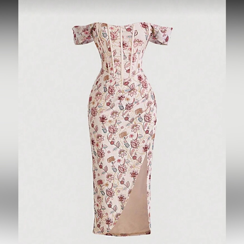Floral Ruched Cream Midi Dress with Pink Accents